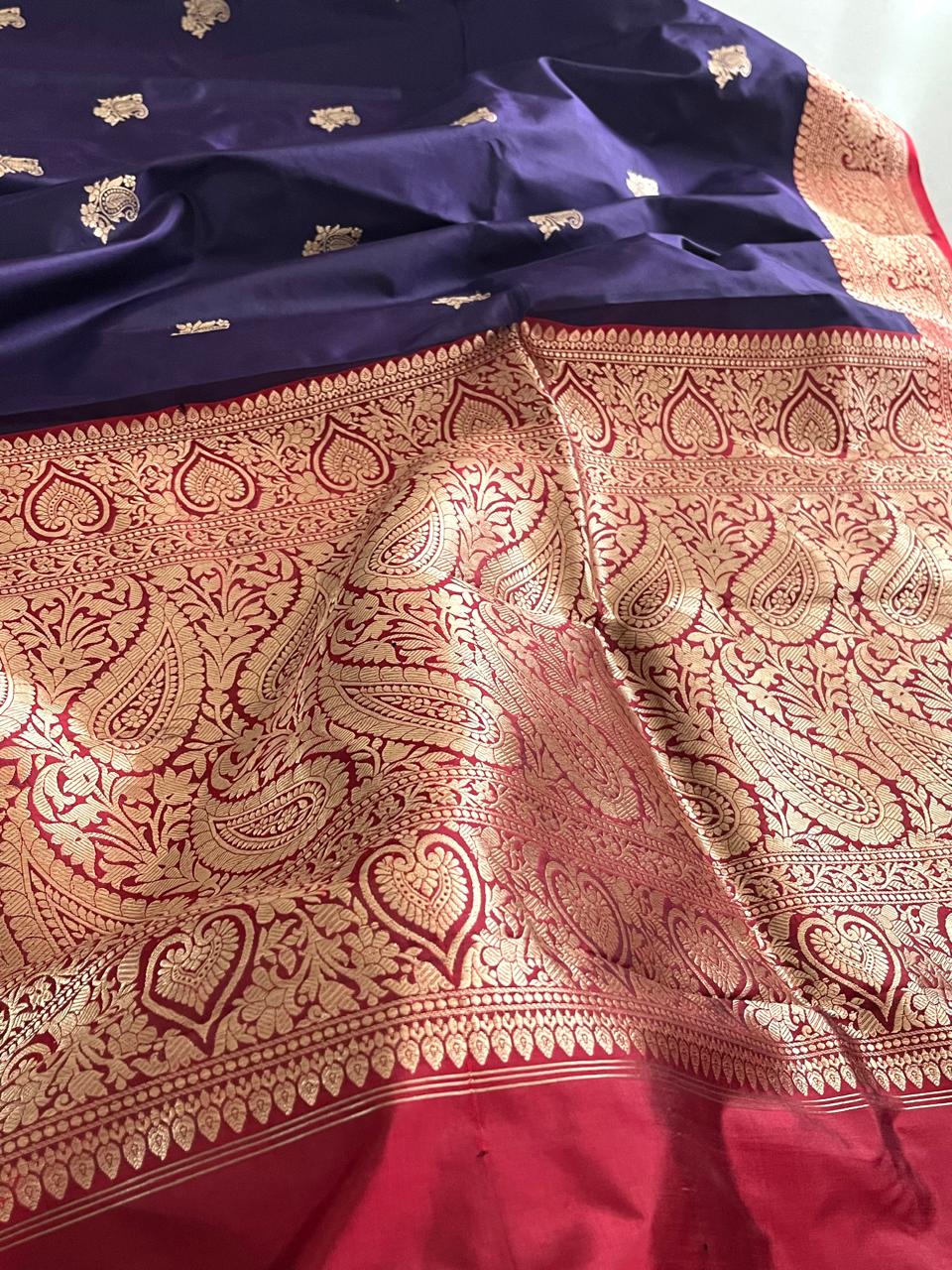 Pure Handloom Banarasi Katan Silk saree - Deep Purple with Red