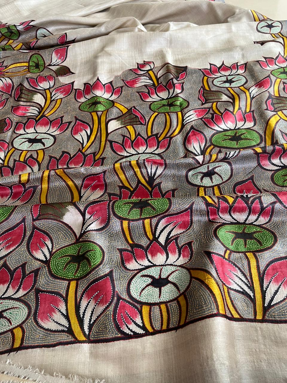 Pure Tussar Silk Saree with Block Print and Hand Kantha - Padma