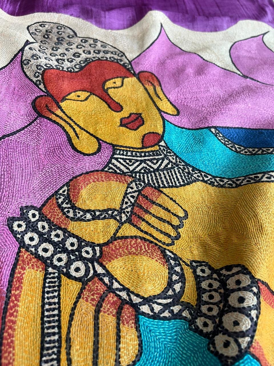 Pure Tussar Silk Saree  With Sujani Kantha Hand Embroidery  - Bodhi Bloom