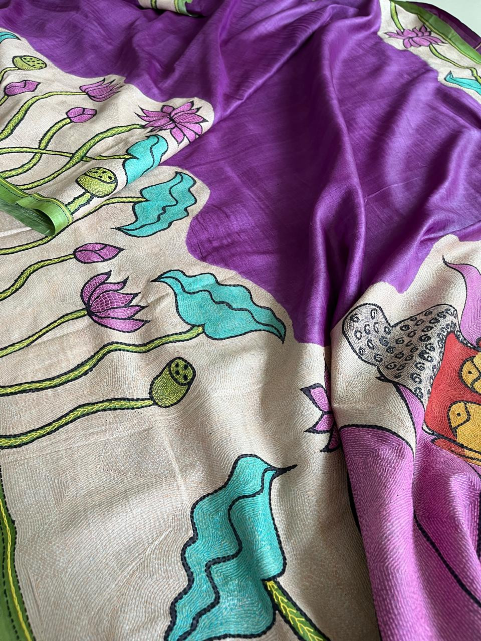 Pure Tussar Silk Saree With Sujani Kantha Hand Embroidery - Bodhi Bloom