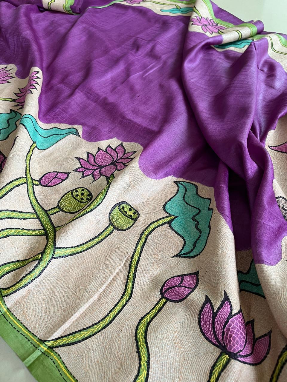 Pure Tussar Silk Saree With Sujani Kantha Hand Embroidery - Bodhi Bloom