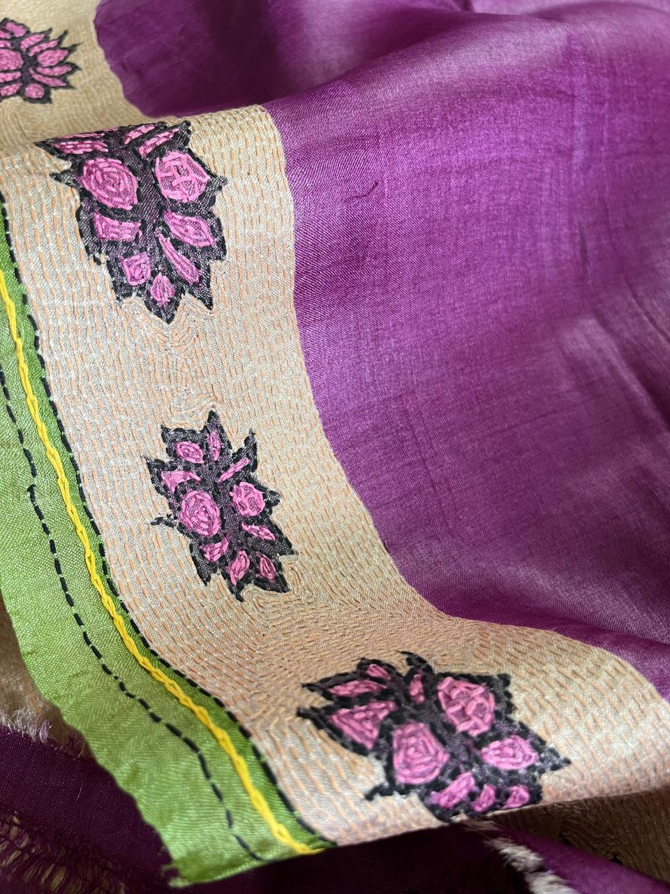 Pure Tussar Silk Saree With Sujani Kantha Hand Embroidery - Bodhi Bloom