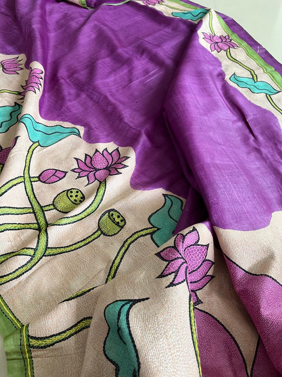 Pure Tussar Silk Saree With Sujani Kantha Hand Embroidery - Bodhi Bloom