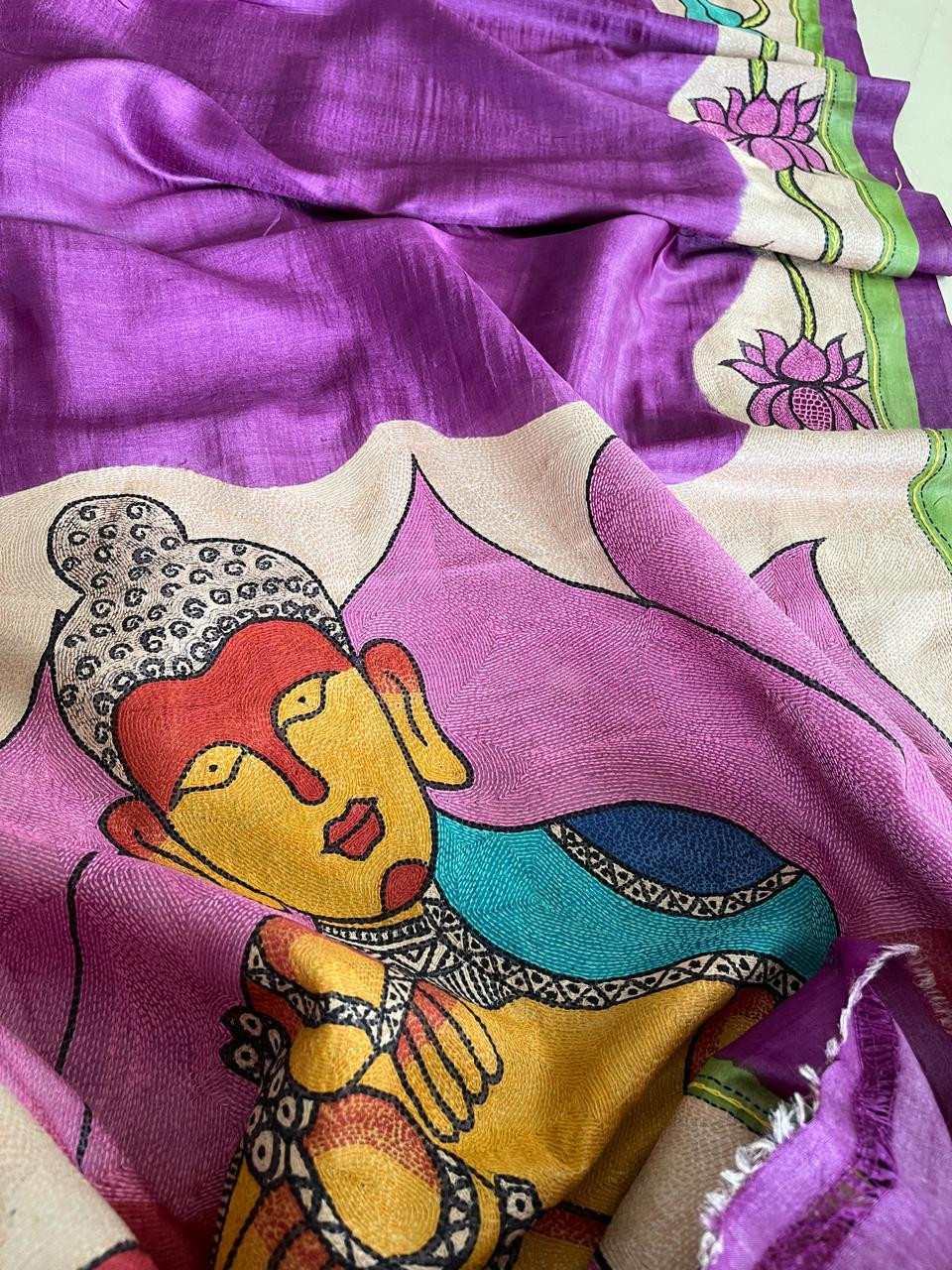 Pure Tussar Silk Saree  With Sujani Kantha Hand Embroidery  - Bodhi Bloom