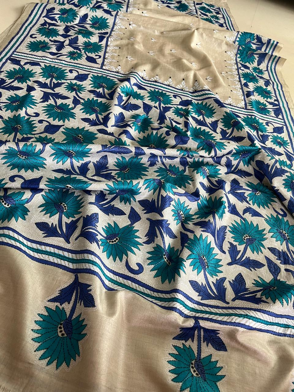 Pure Tussar Silk Kantha Hand Embroidered Saree - Hues of Floral Blue