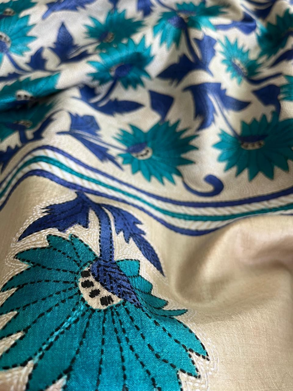 Pure Tussar Silk Kantha Hand Embroidered Saree - Hues of Floral Blue