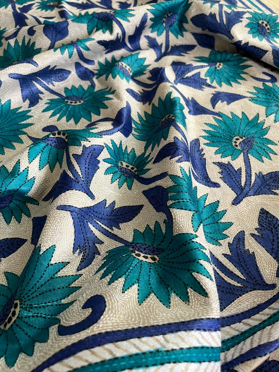 Pure Tussar Silk Kantha Hand Embroidered Saree - Hues of Floral Blue