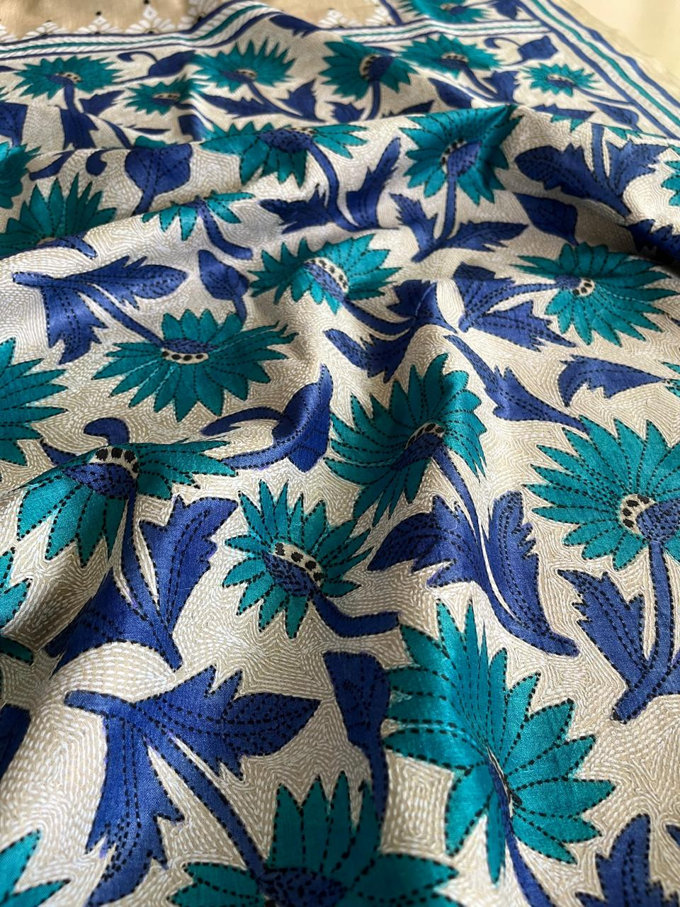 Pure Tussar Silk Kantha Hand Embroidered Saree - Hues of Floral Blue