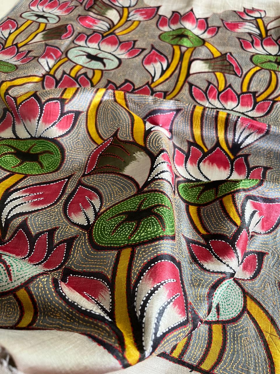 Pure Tussar Silk Saree with Block Print and Hand Kantha - Padma