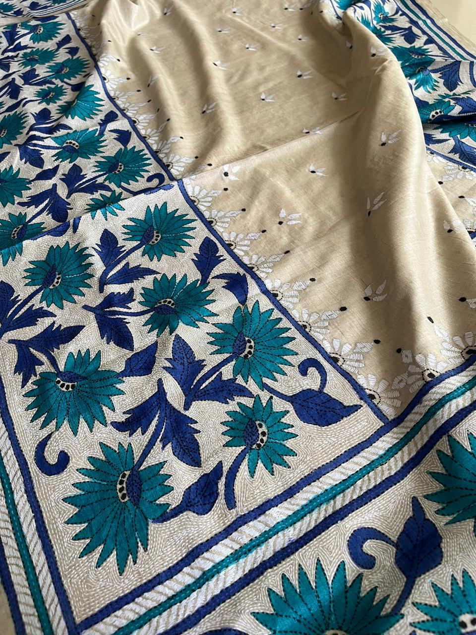 Pure Tussar Silk Kantha Hand Embroidered Saree - Hues of Floral Blue