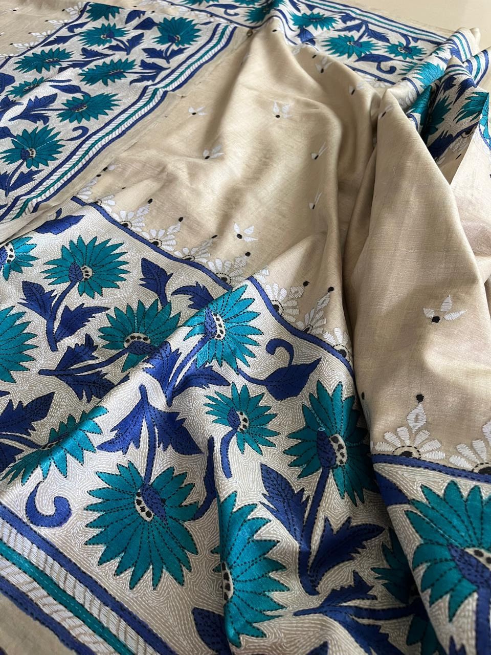 Pure Tussar Silk Kantha Hand Embroidered Saree - Hues of Floral Blue