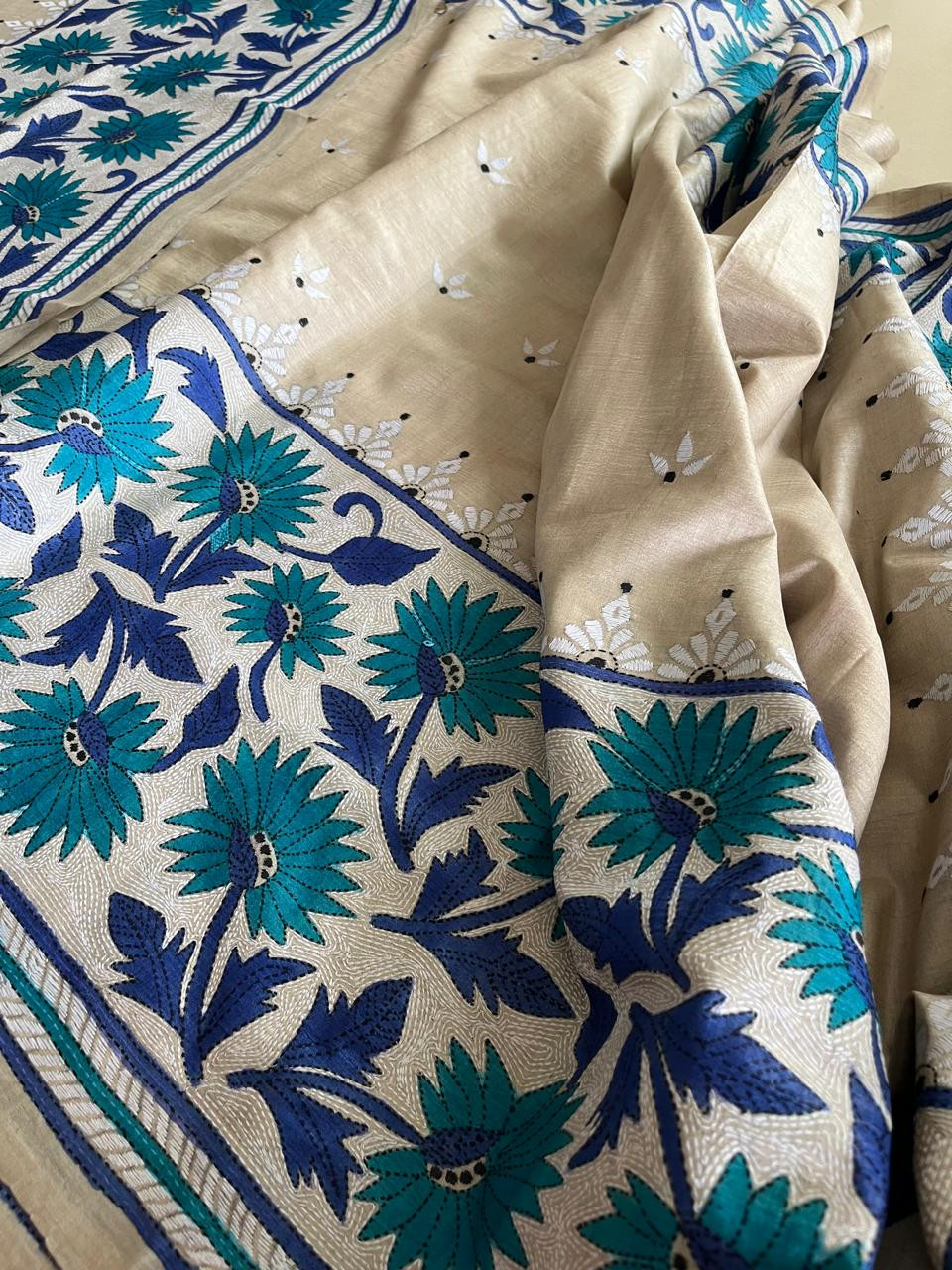 Pure Tussar Silk Kantha Hand Embroidered Saree - Hues of Floral Blue