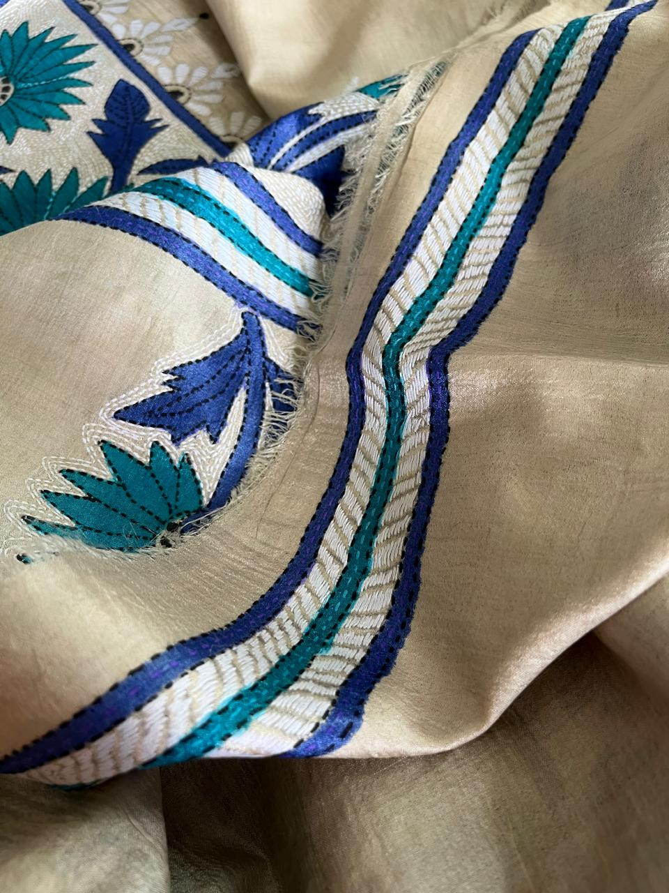 Pure Tussar Silk Kantha Hand Embroidered Saree - Hues of Floral Blue