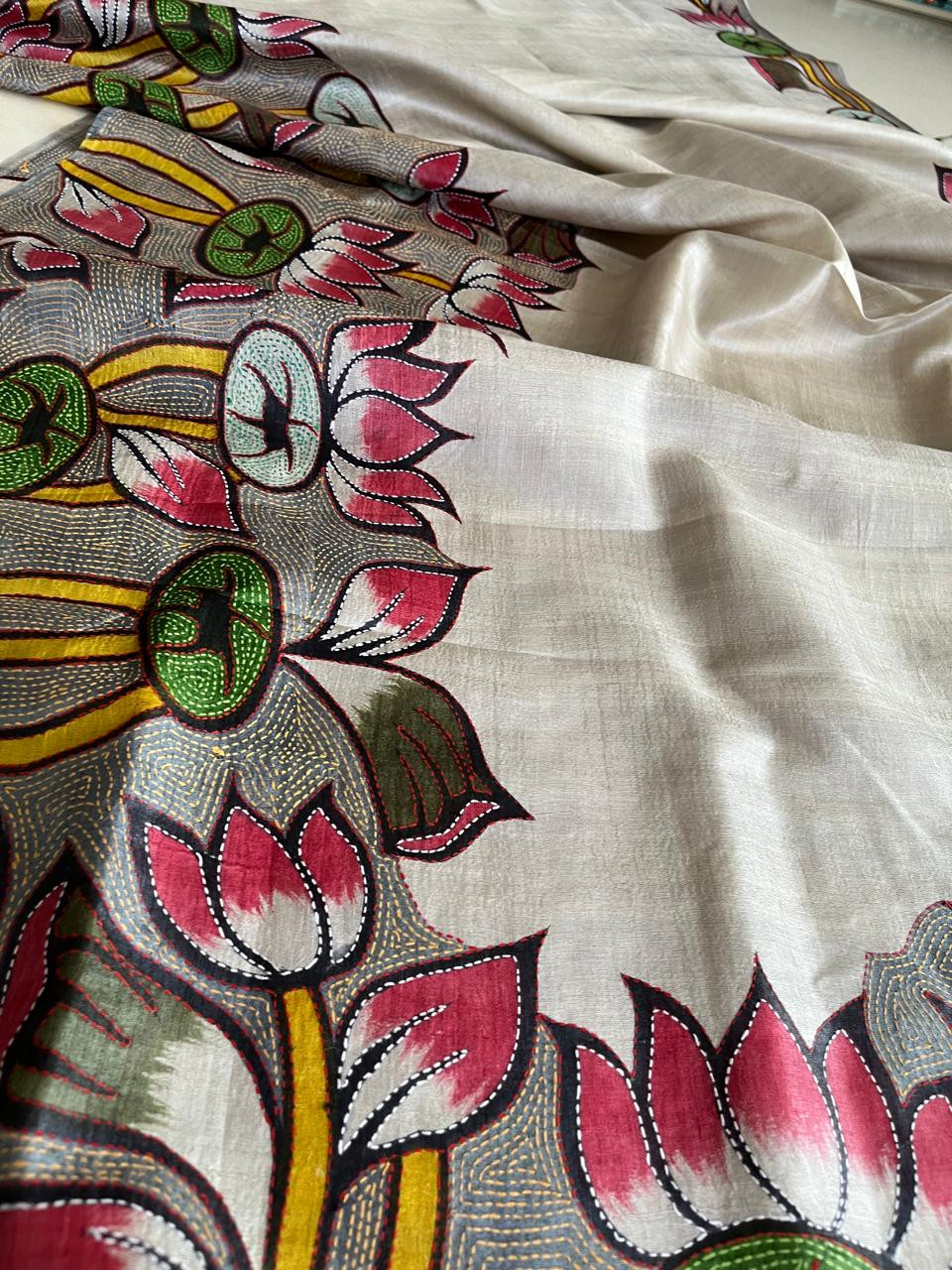 Pure Tussar Silk Saree with Block Print and Hand Kantha - Padma