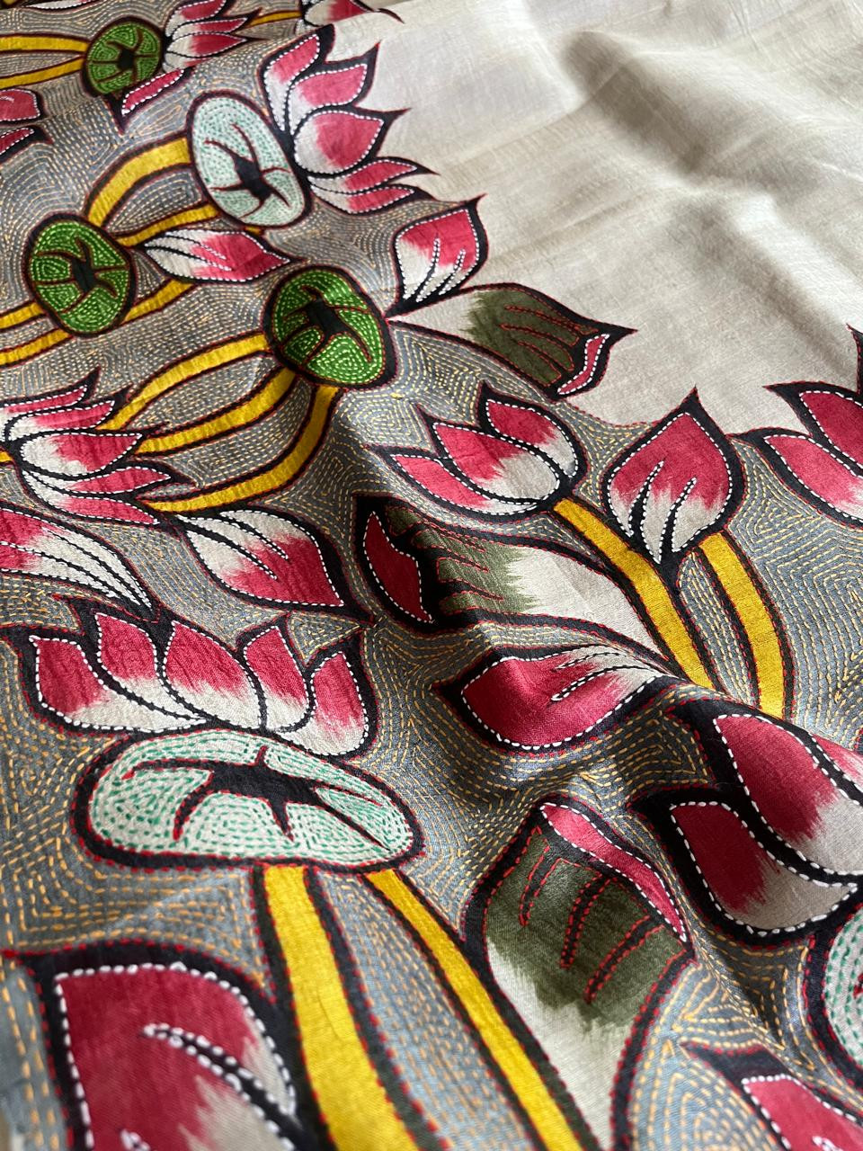 Pure Tussar Silk Saree with Block Print and Hand Kantha - Padma