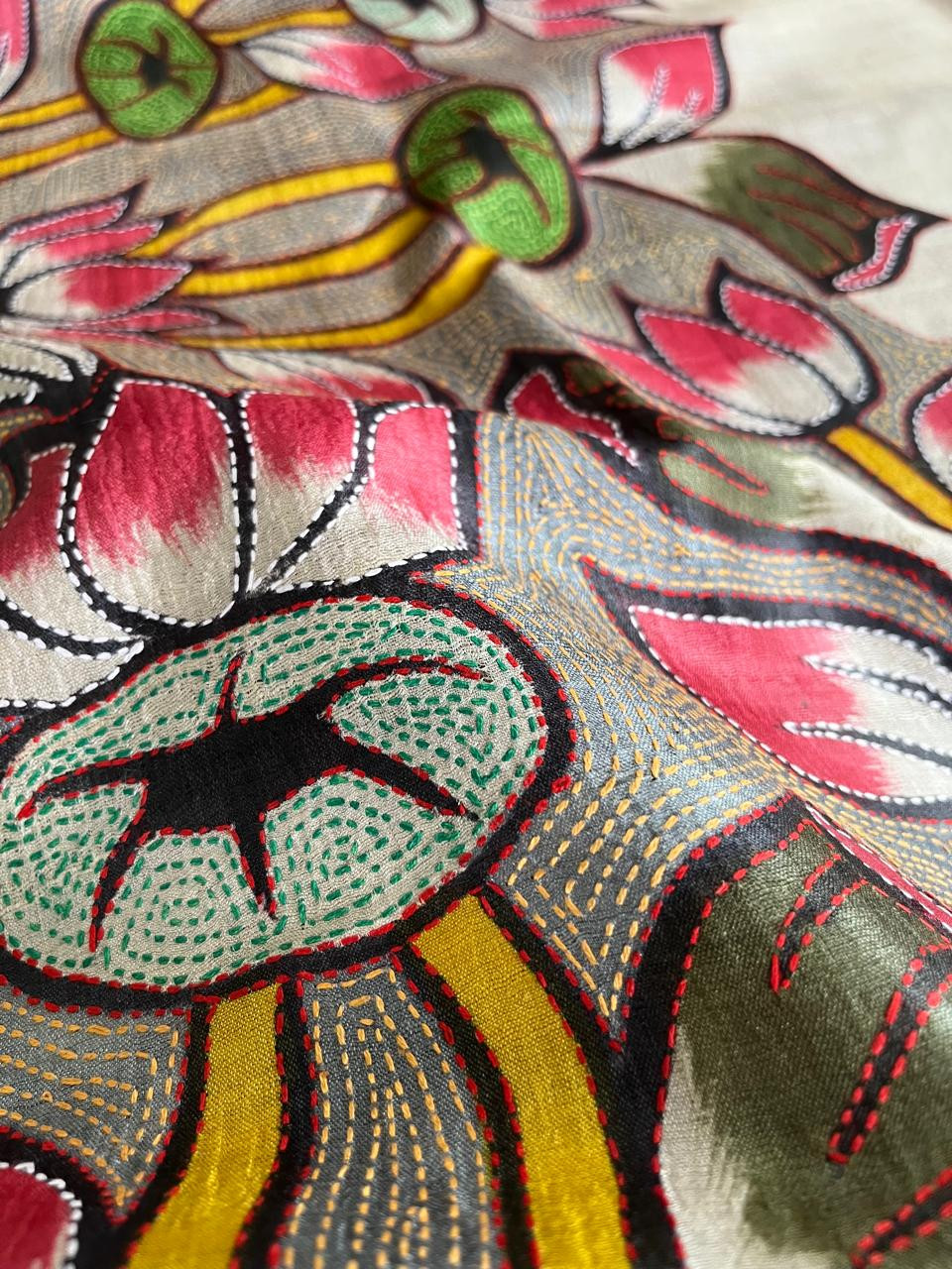 Pure Tussar Silk Saree with Block Print and Hand Kantha - Padma