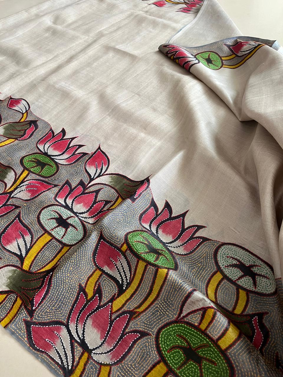 Pure Tussar Silk Saree with Block Print and Hand Kantha - Padma