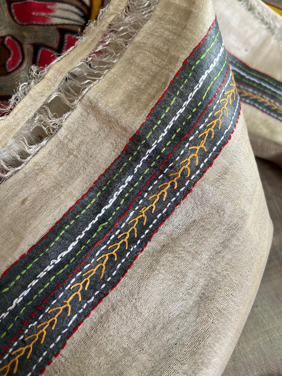 Pure Tussar Silk Saree with Block Print and Hand Kantha - Padma