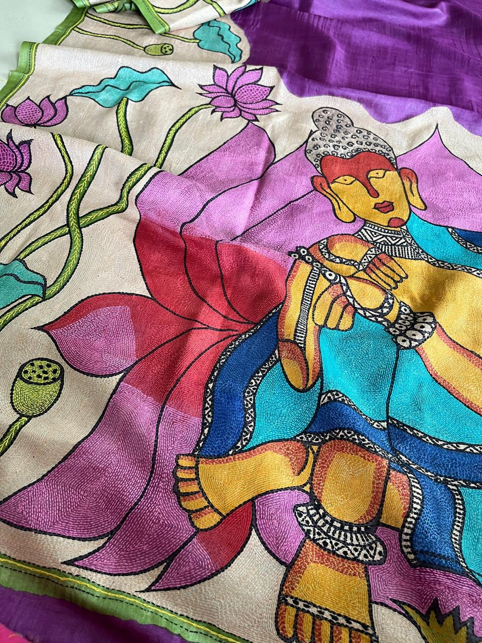 Pure Tussar Silk Saree With Sujani Kantha Hand Embroidery - Bodhi Bloom