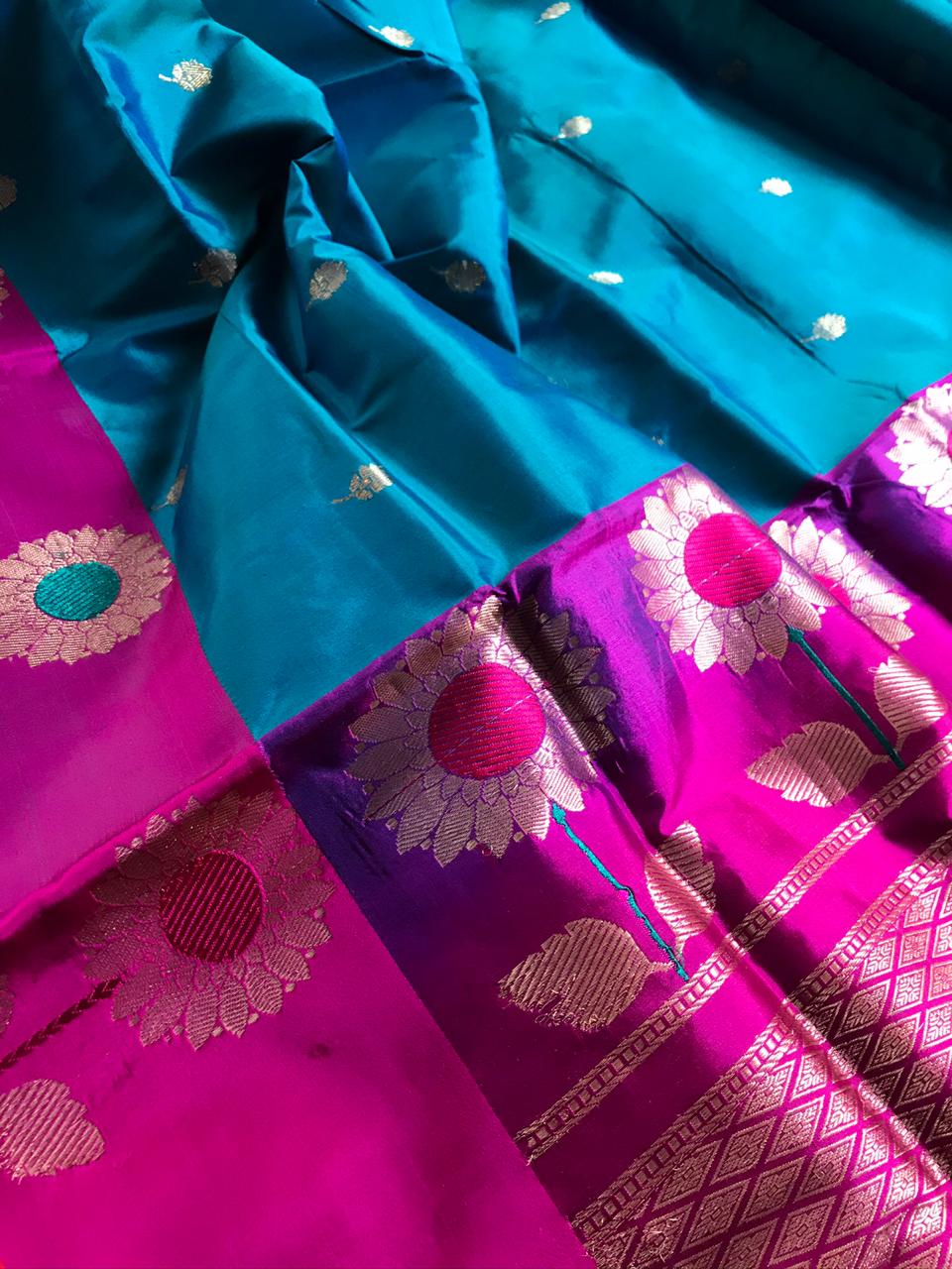 Pure Katan Silk Handwoven Banarasi Saree - Blue Magenta