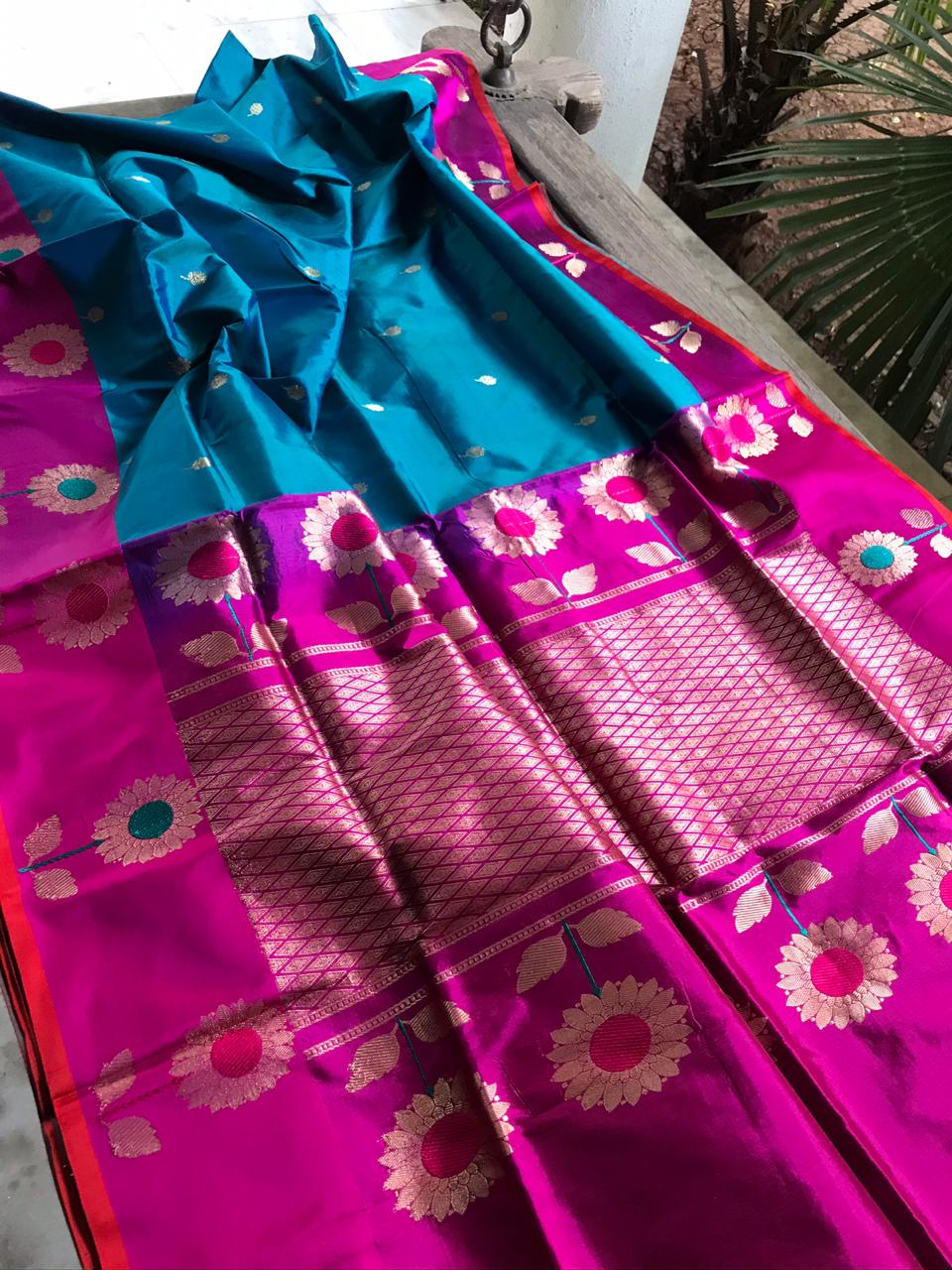 Pure Katan Silk Handwoven Banarasi Saree - Blue Magenta