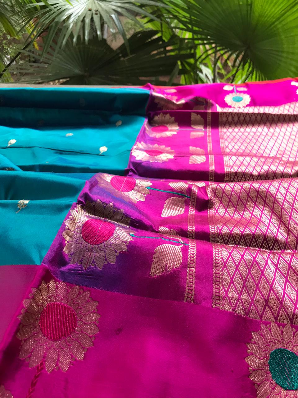 Pure Katan Silk Handwoven Banarasi Saree - Blue Magenta