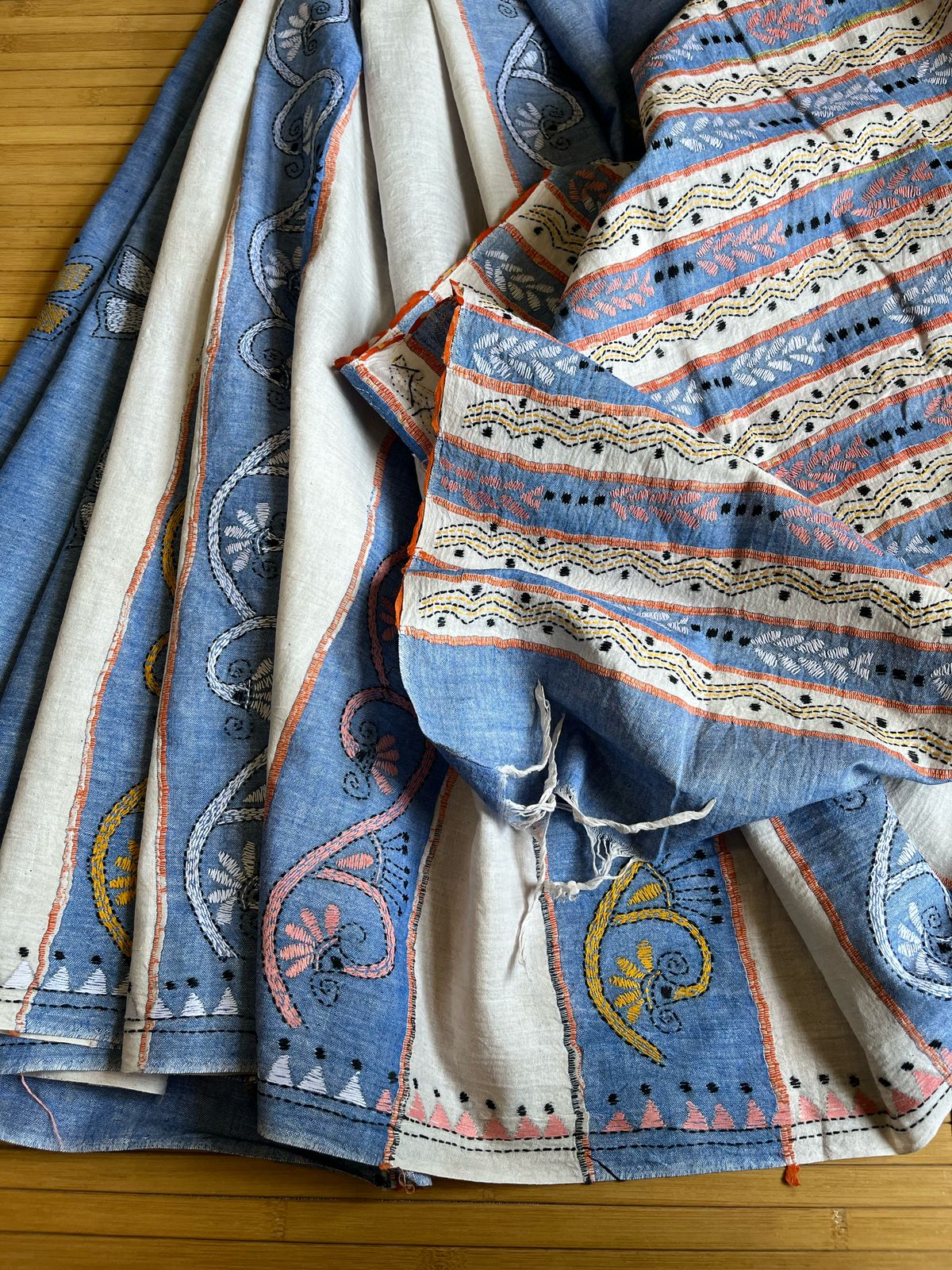 Pure Khesh Cotton Saree With Kantha Hand Embroidery - Blue