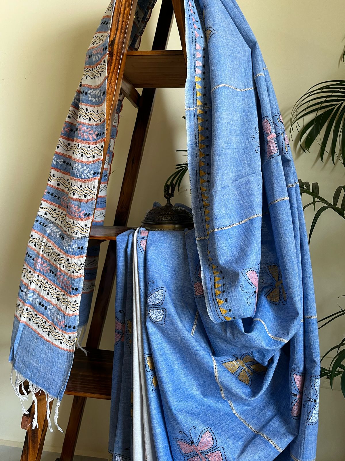 Pure Khesh Cotton Saree With Kantha Hand Embroidery - Blue