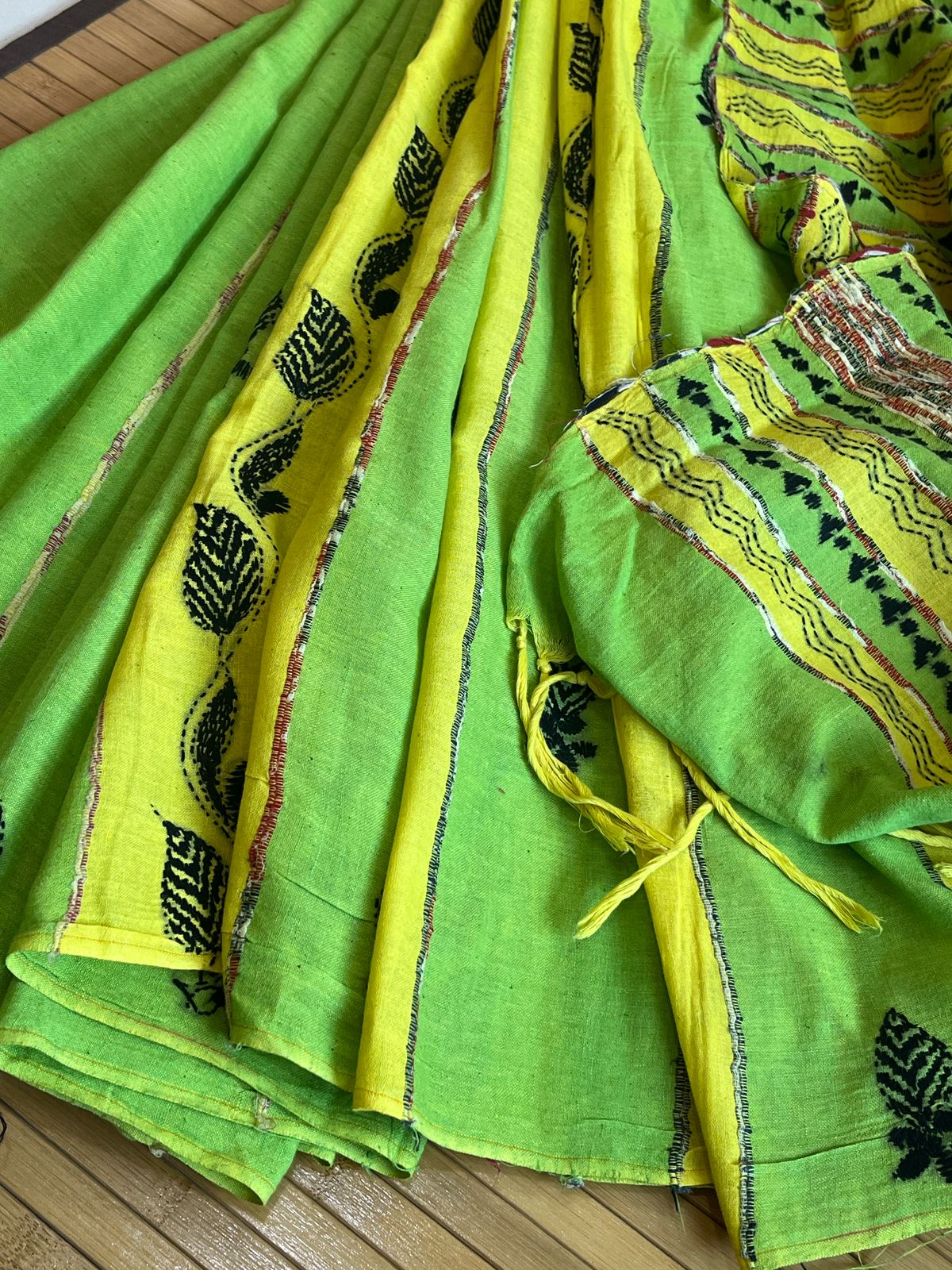 Pure Khesh Cotton Saree With Kantha Hand Embroidery - Green