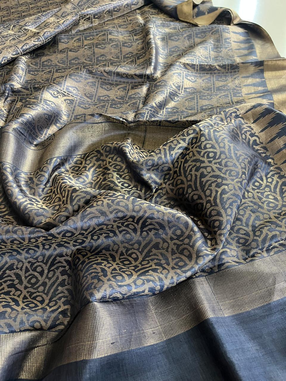 Pure Kosa Silk Handwoven Kosa Silk saree  - Charcoal Black