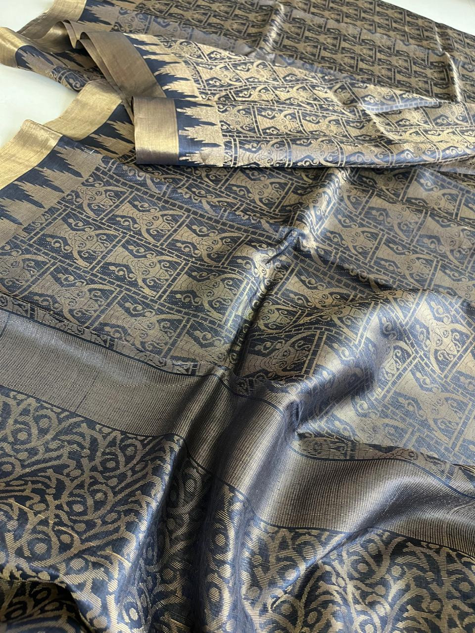 Pure Kosa Silk Handwoven Kosa Silk saree  - Charcoal Black
