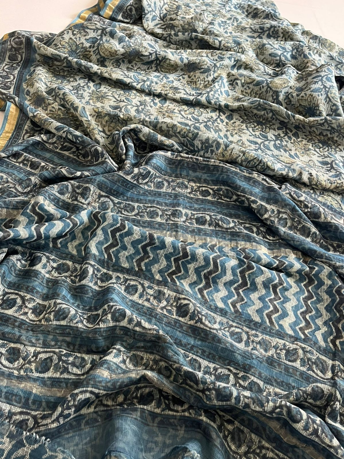 Pure Kota Cotton Dabu Sarees with woven Zari border - Blue