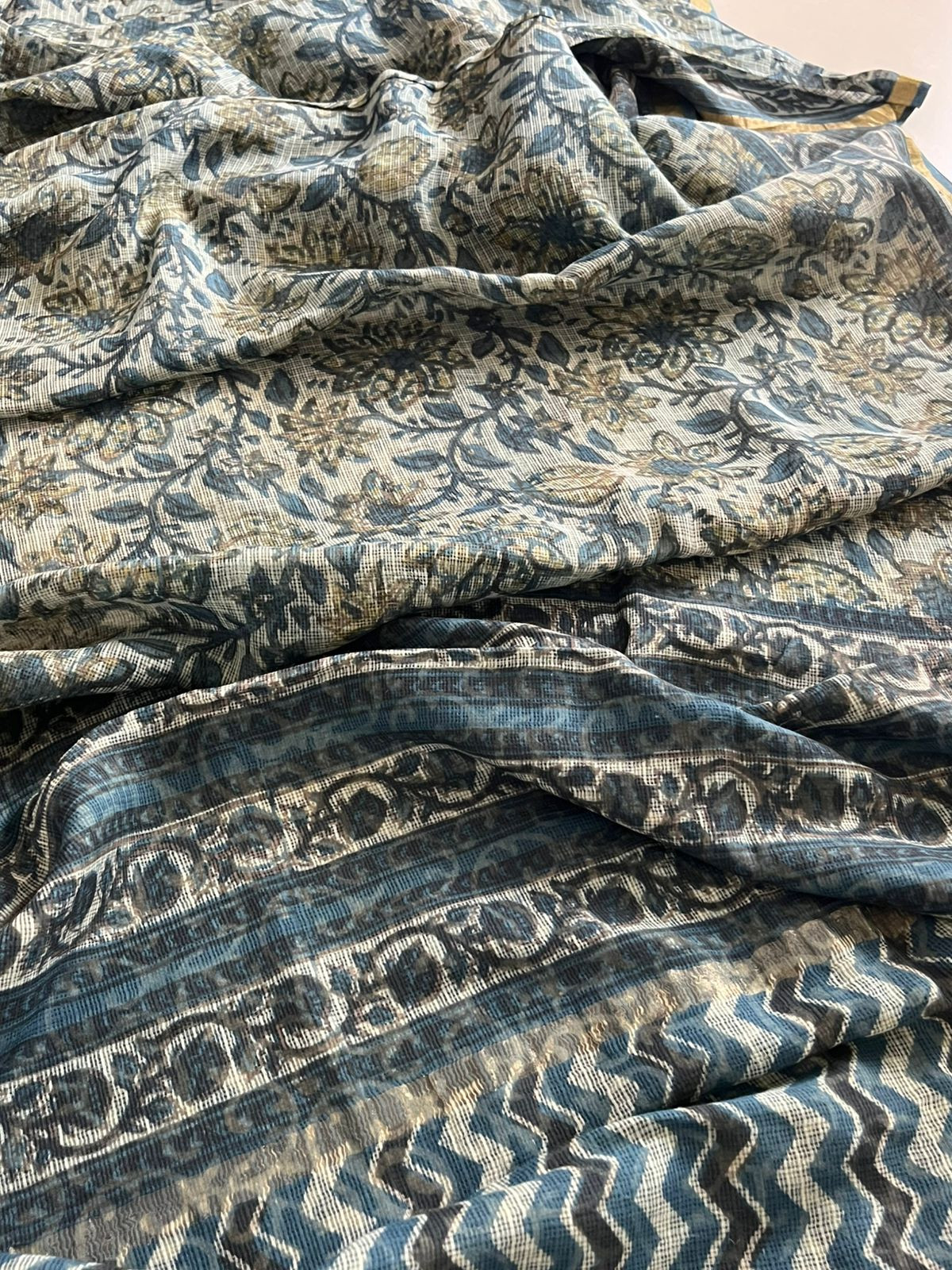 Pure Kota Cotton Dabu Sarees with woven Zari border - Blue