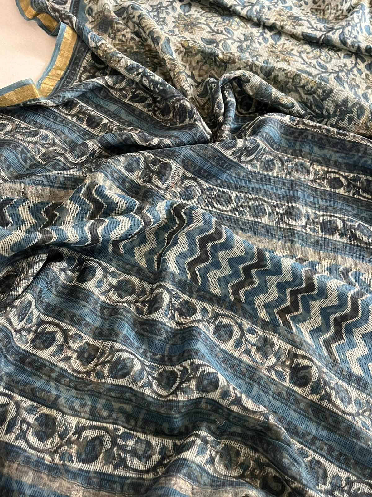 Pure Kota Cotton Dabu Sarees with woven Zari border - Blue