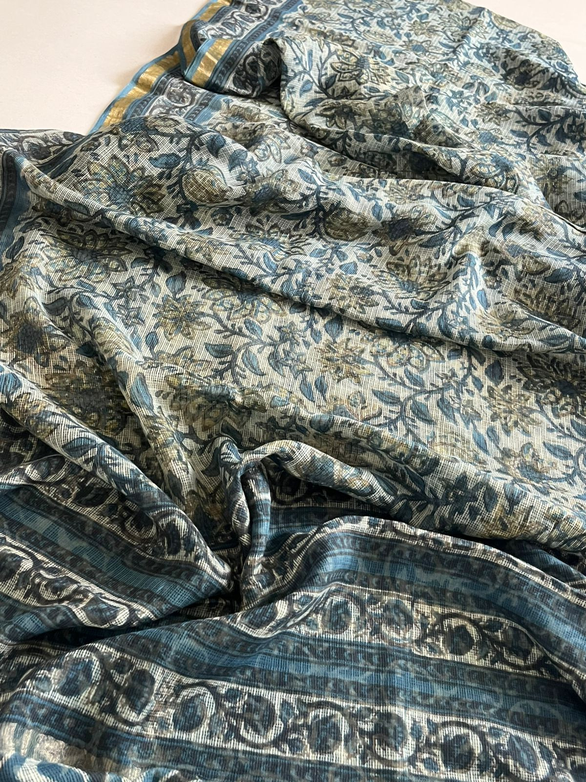 Pure Kota Cotton Dabu Sarees with woven Zari border - Blue