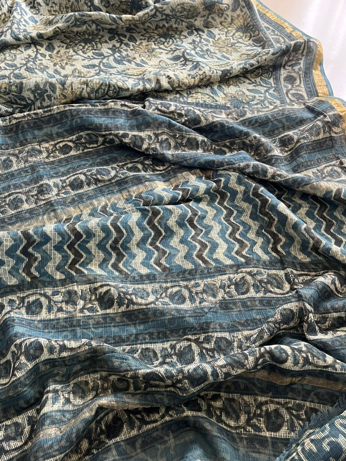 Pure Kota Cotton Dabu Sarees with woven Zari border - Blue