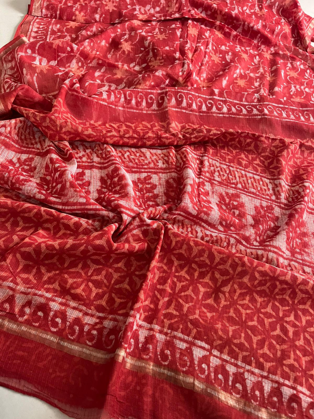 Pure Kota Cotton Dabu Sarees with woven Zari border - Red