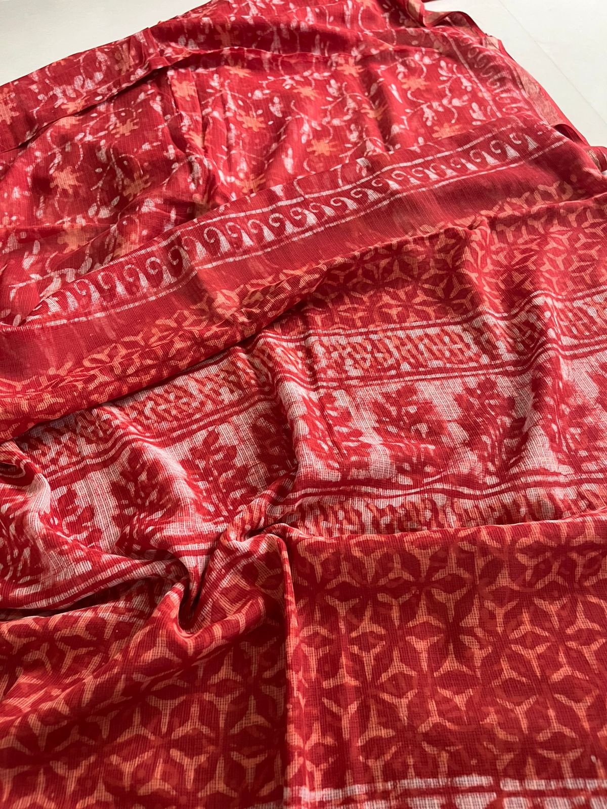 Pure Kota Cotton Dabu Sarees with woven Zari border - Red