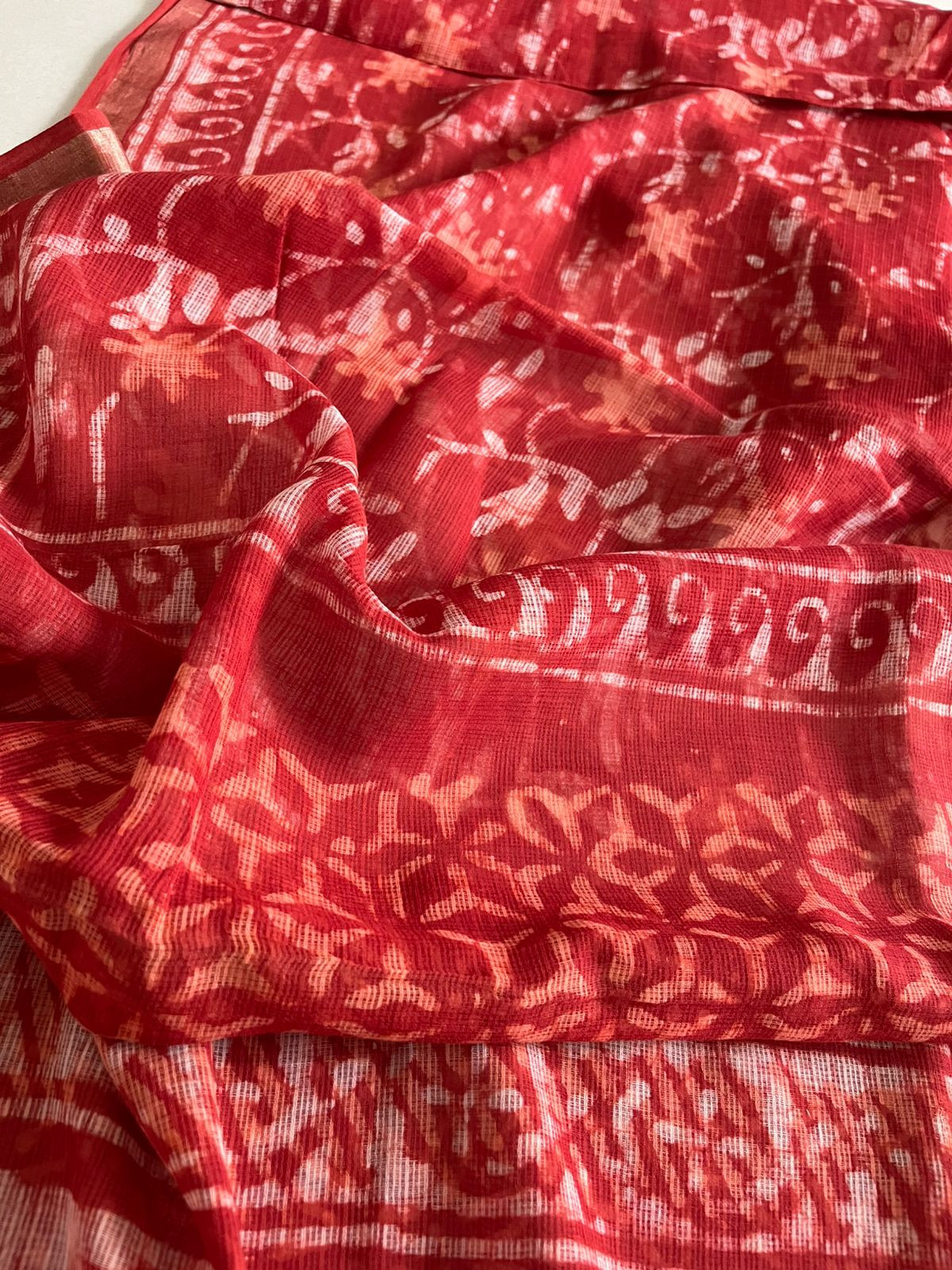 Pure Kota Cotton Dabu Sarees with woven Zari border - Red