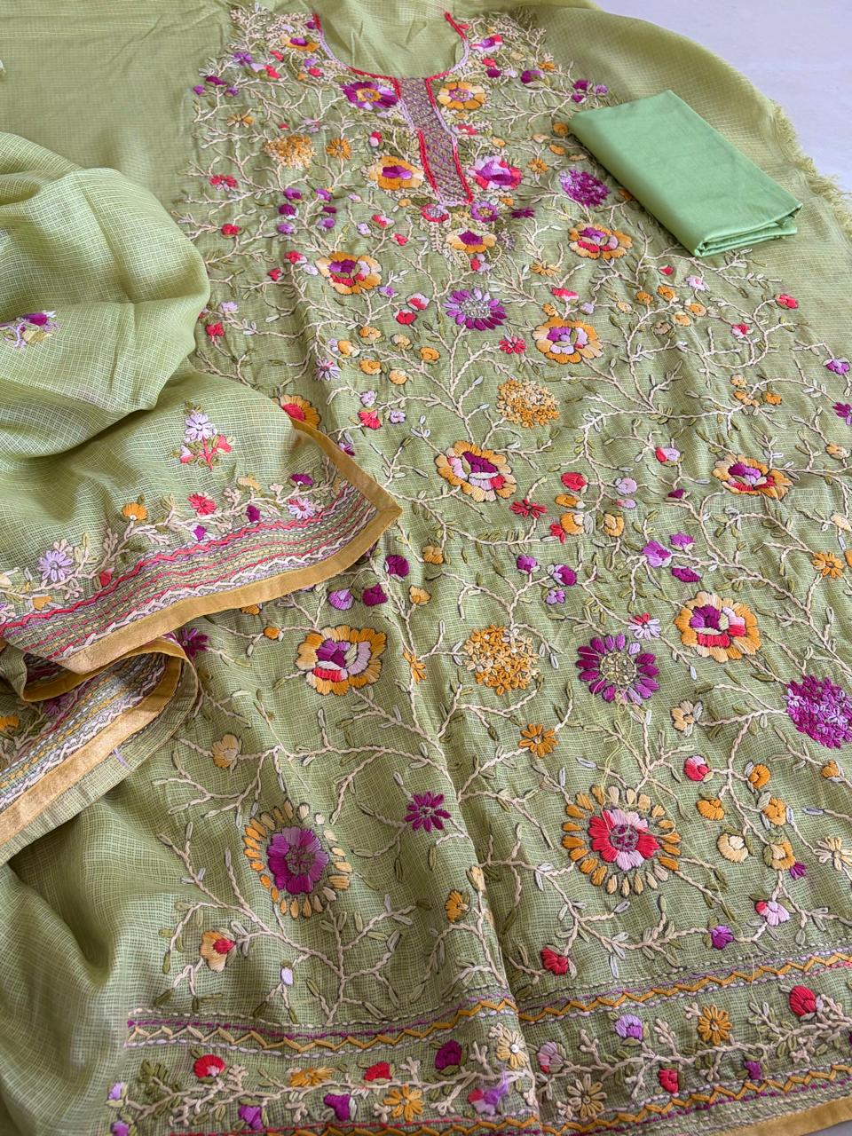 Pure Kota Cotton Hand Embroidered 3 Piece Suit - Pista Green
