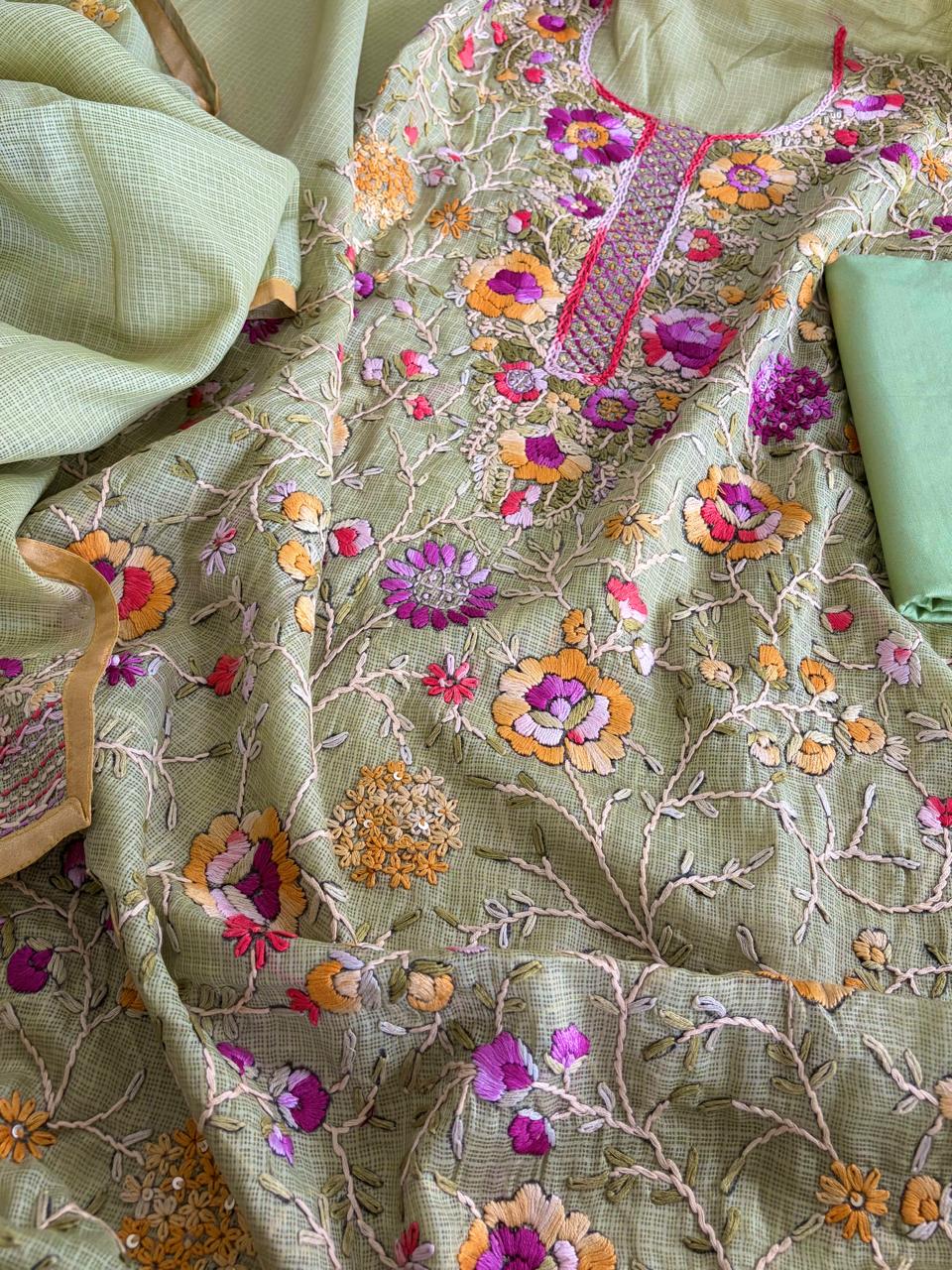 Pure Kota Cotton Hand Embroidered 3 Piece Suit - Pista Green