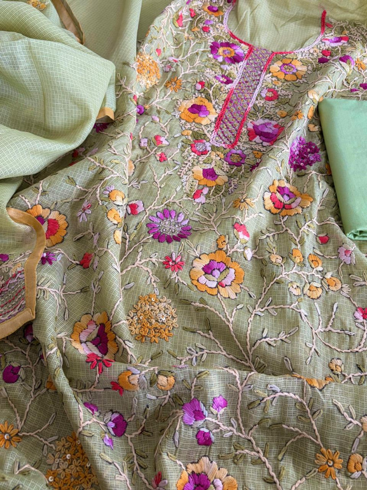 Image of Pure Kota Cotton Hand Embroidered 3 Piece Suit - Pista Green