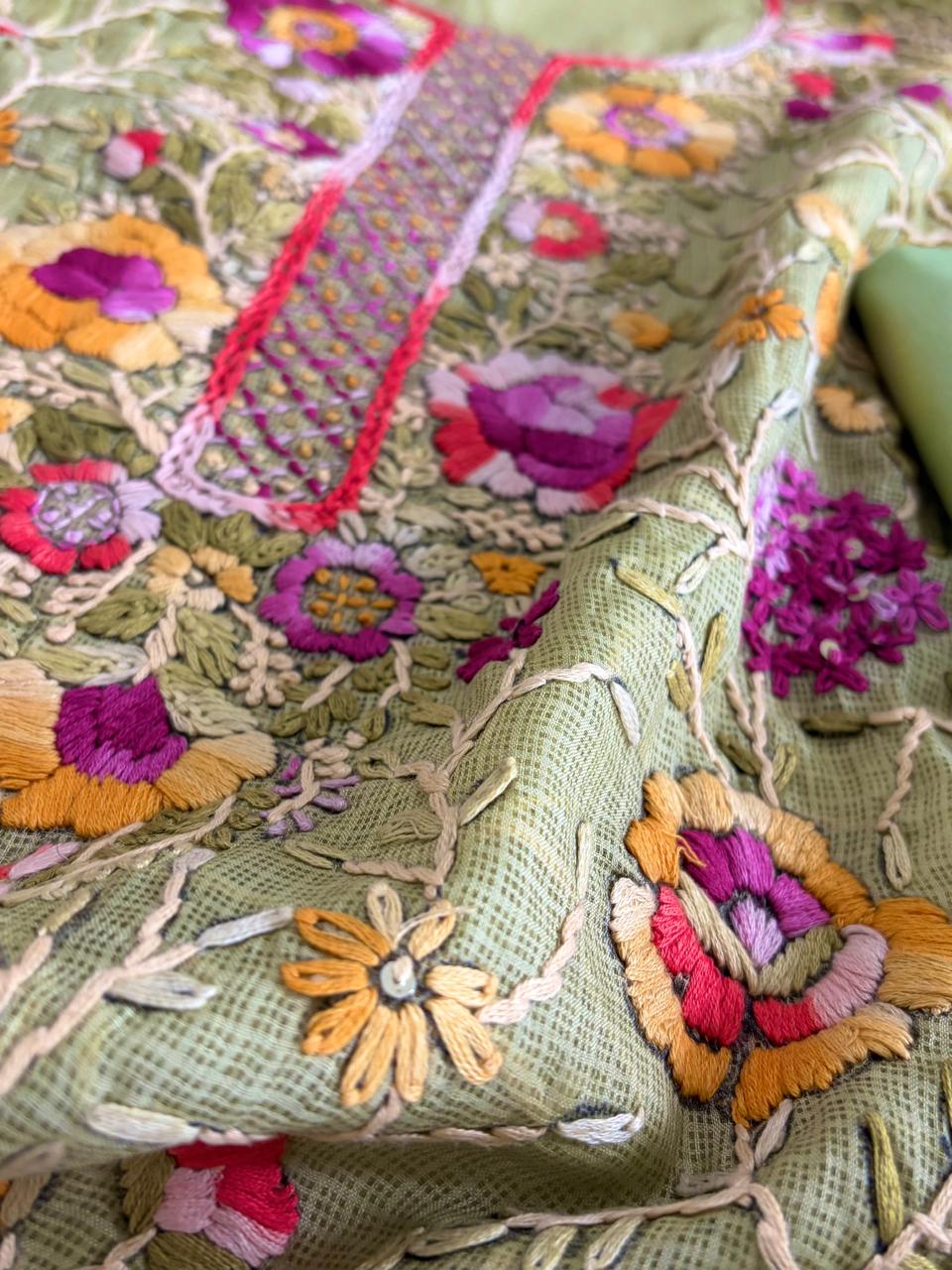 Pure Kota Cotton Hand Embroidered 3 Piece Suit - Pista Green