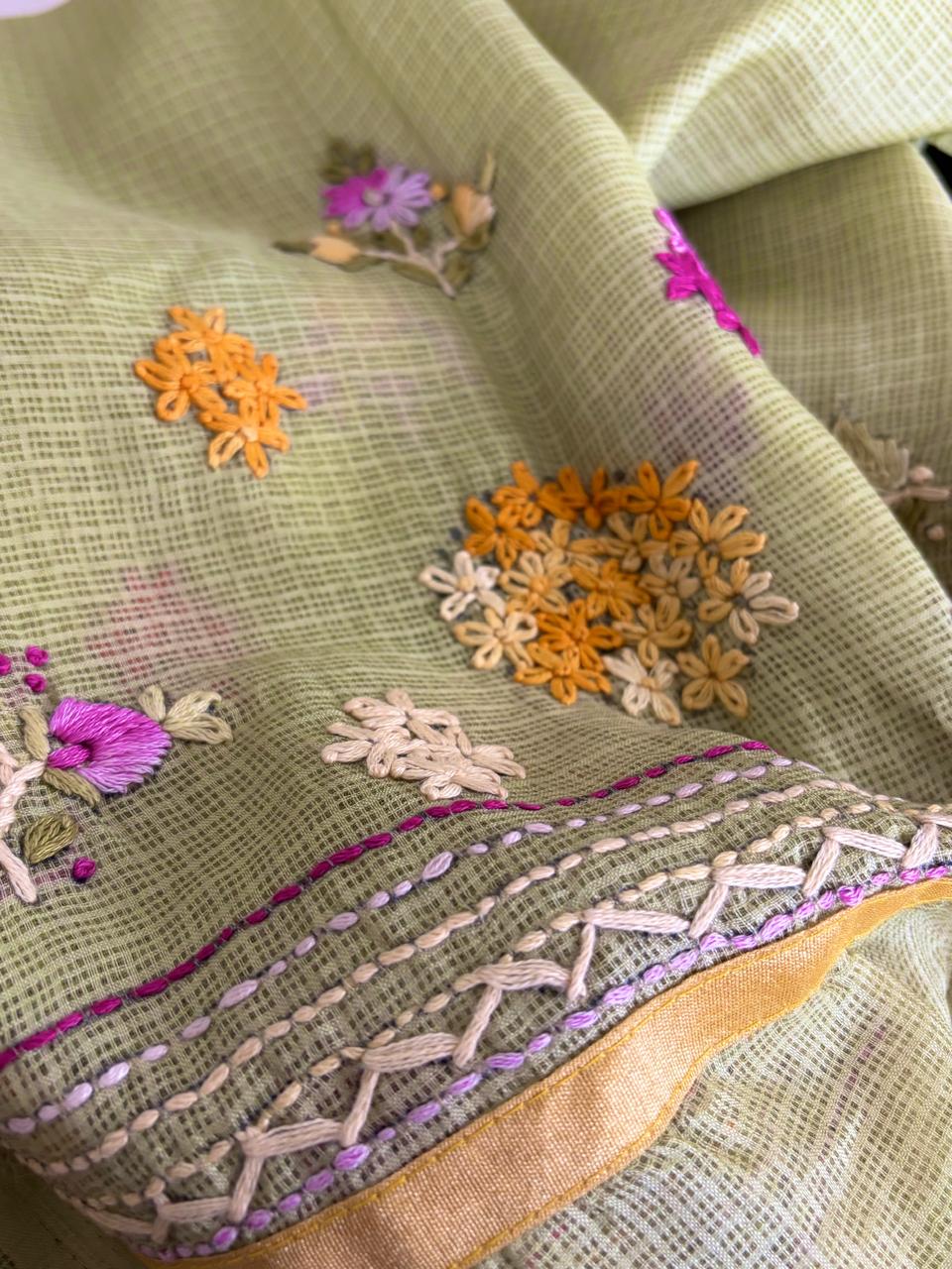 Pure Kota Cotton Hand Embroidered 3 Piece Suit - Pista Green