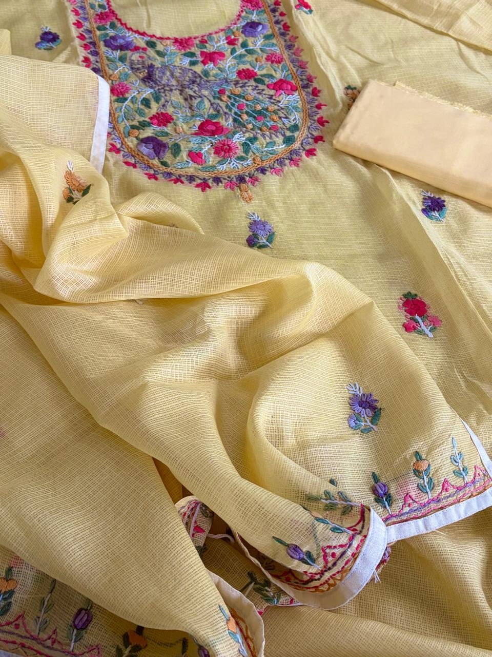 Pure Kota Cotton Hand Embroidered 3 Piece Suit - Yellow