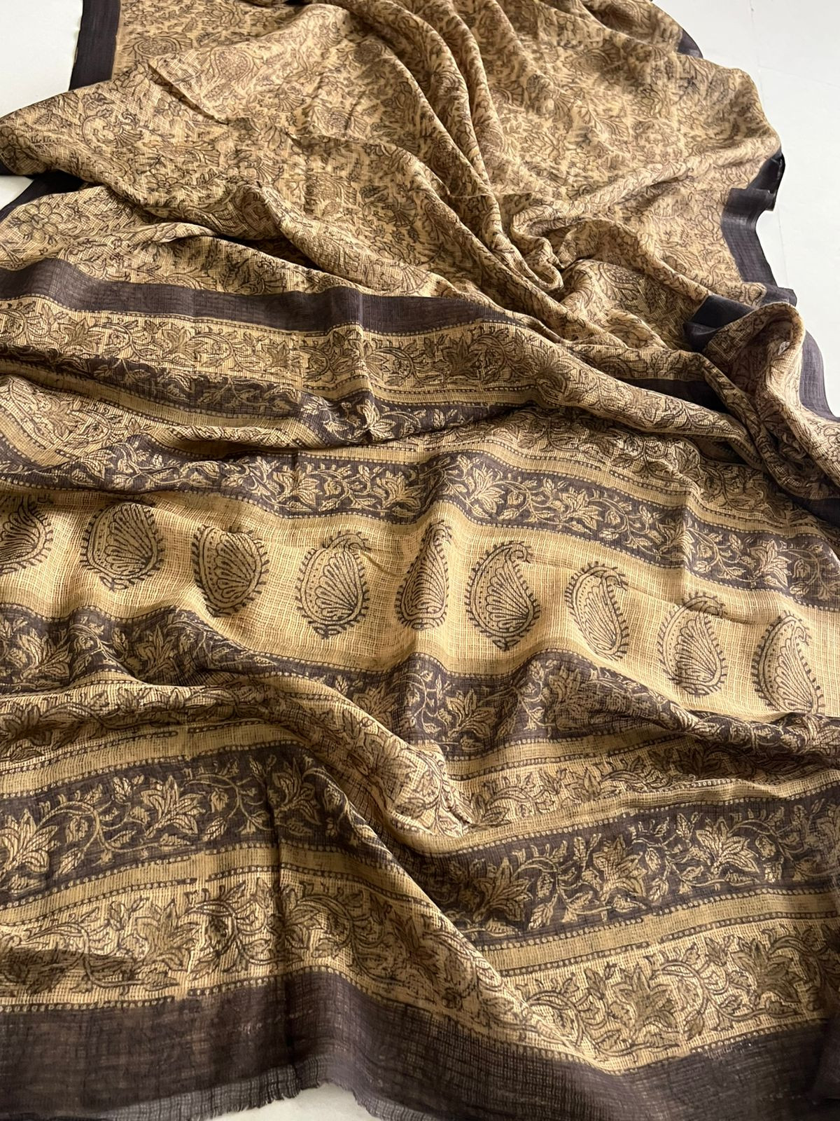 Pure Kota Cotton Sarees with Ajrakh Handblock Print - Beige