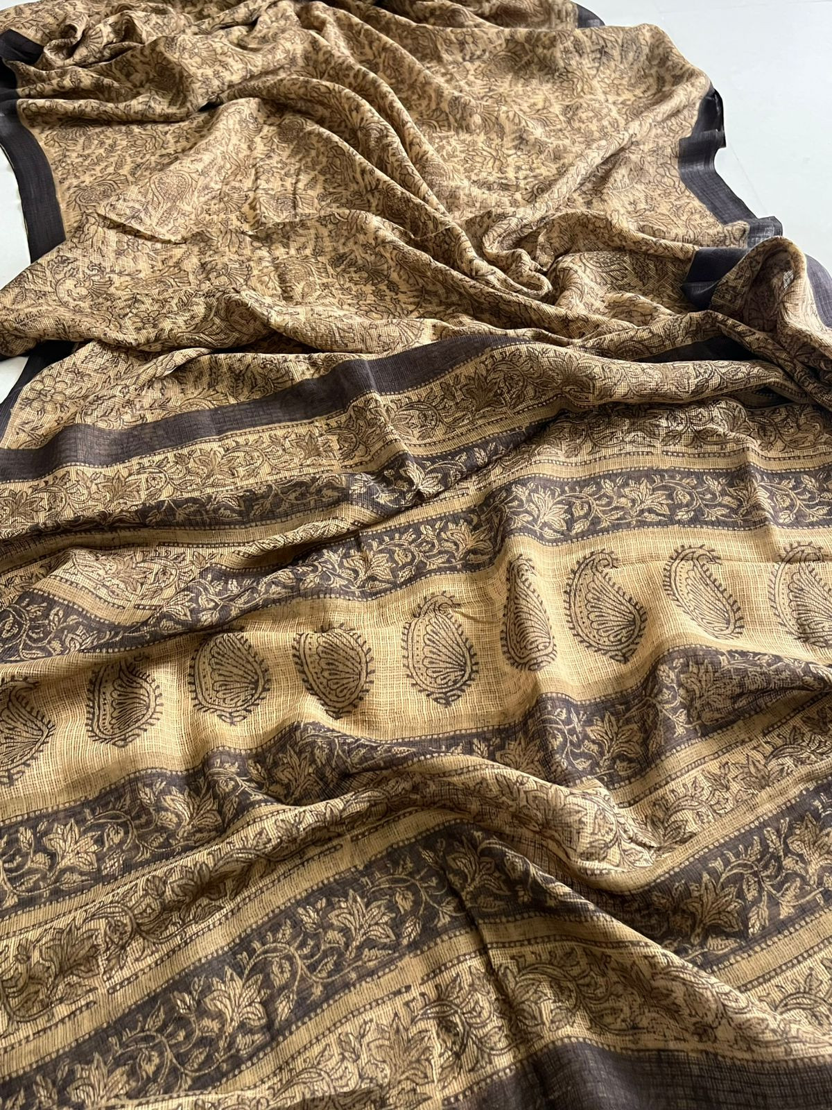 Pure Kota Cotton Sarees with Ajrakh Handblock Print - Beige