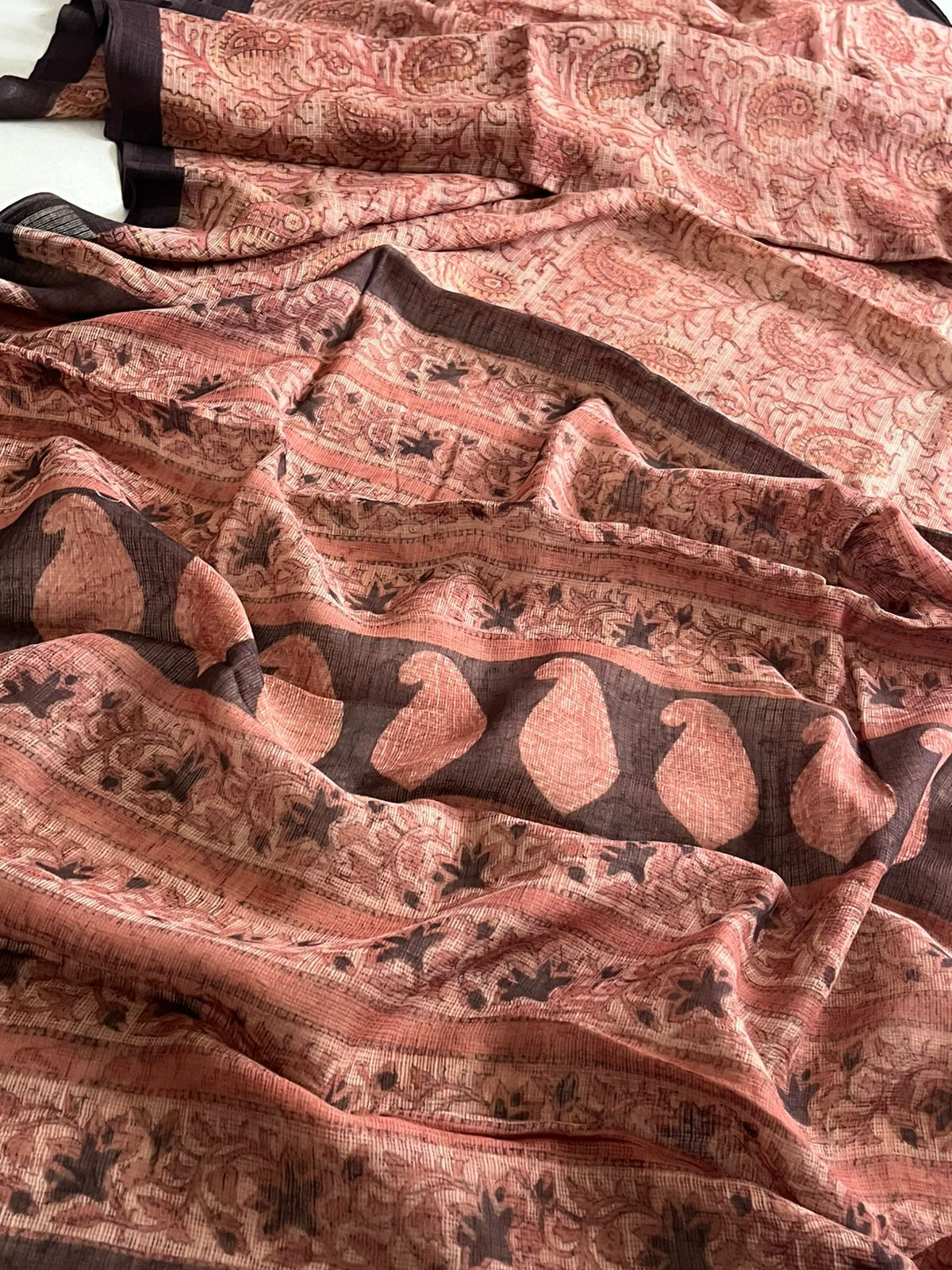 Pure Kota Cotton Sarees with Ajrakh Handblock Print - Brownish Red