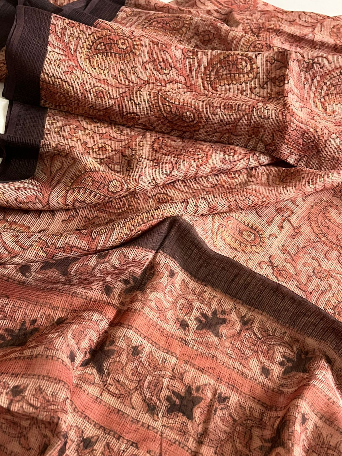 Pure Kota Cotton Sarees with Ajrakh Handblock Print - Brownish Red