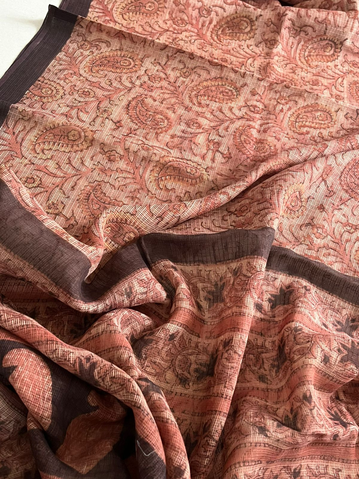 Pure Kota Cotton Sarees with Ajrakh Handblock Print - Brownish Red